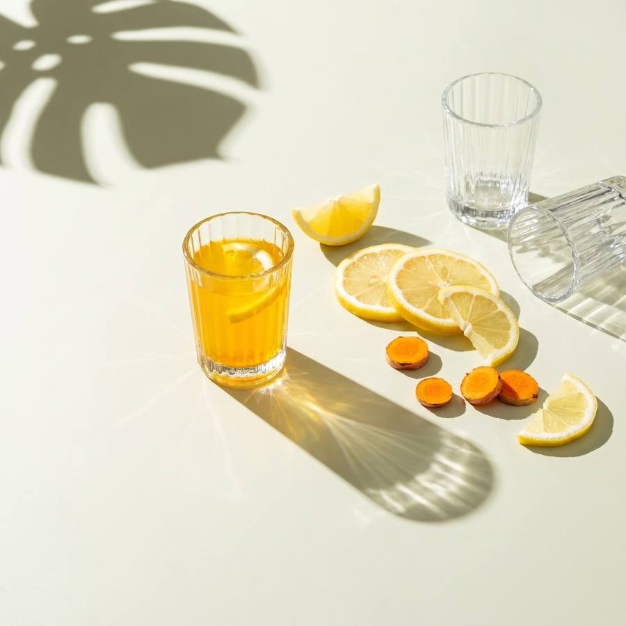 Turmeric lemon shots in sunlight