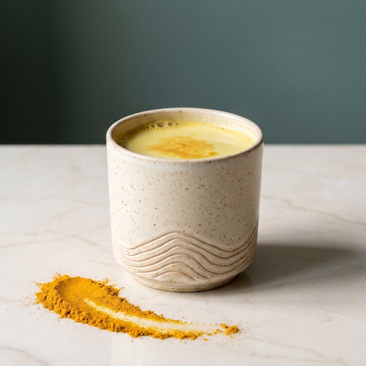 Golden turmeric milk in a speckled ceramic cup carved with hill contours